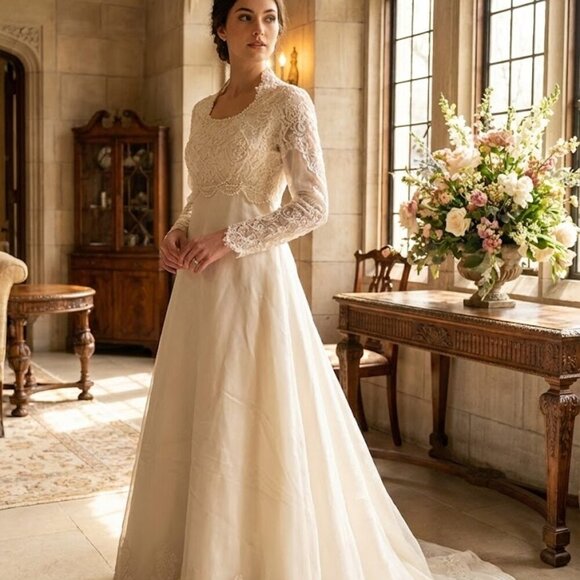 Vintage Dresses & Skirts - Vintage Unbranded Long Sleeve Ivory Wedding Dress